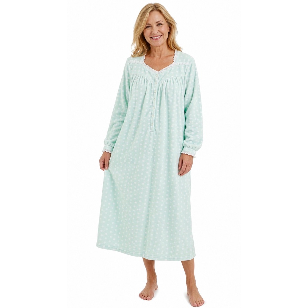 Lanz of Salzburg Womens Size M Microfleece Long Nightgown Mint Polka Dot Lace